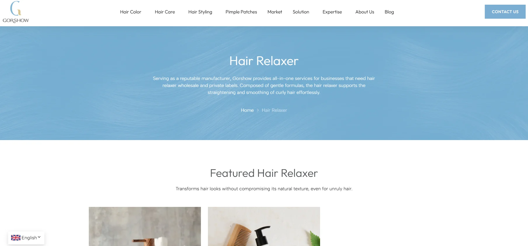 Gorshow website page displaying hair relaxer services and products for businesses with wholesale and private labels.